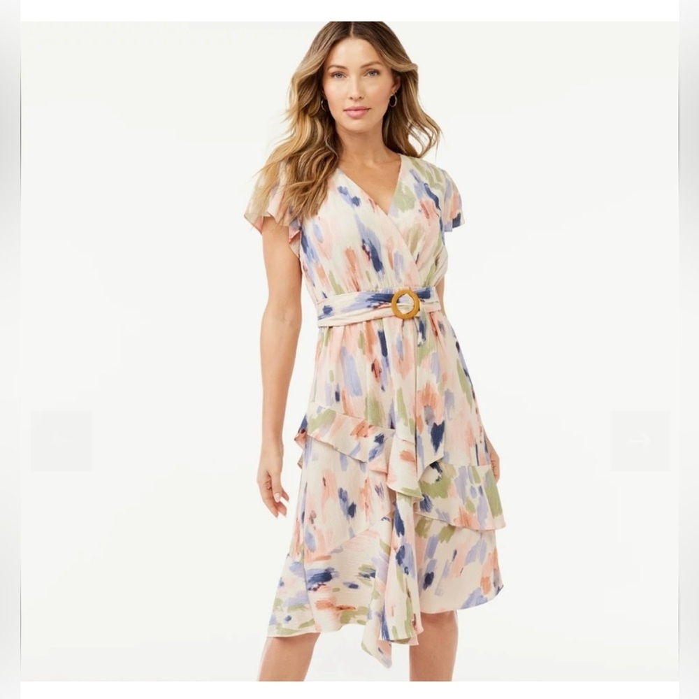 SOFIA JEANS BY SOFIA VERGARA Amelia Midi Dress Belted Wrap Flutter Sleeve SMALL